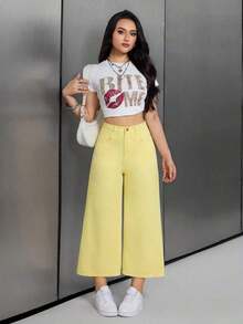 Jeans unicolor con cremallera - Amarillo claro - Ver 6