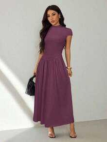Vestido casual largo plisado de manga abullonada y cuello alto en unicolor para mujer, de verano - Morado - Ver 1
