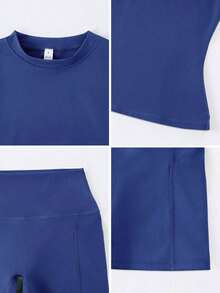 Conjunto deportivo de verano para mujer de unicolor simple con pantalón corto y manga corta - Azul marino - Ver 3