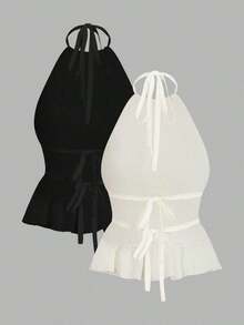 Top de mujer con cuello de halter, espalda descubierta y pliegues de unicolor y sexy - Multicolor 4 - Ver 2