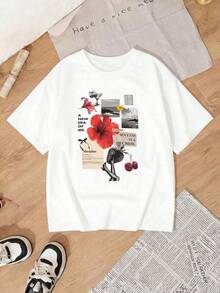 Camiseta Casual de Mujer de Punto con Manga Corta, Hombros Caídos y Cuello Redondo de Longitud Regular PZYS - Blanco - Ver 3
