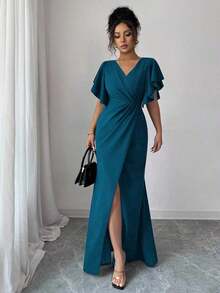 Vestido elegante y romántico para mujer con cuello en V, mangas con volantes, ajuste en la cintura y bajo de cola de sirena - Agua verde azul - Ver 4
