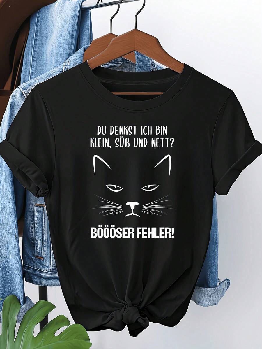 Women's Casual T-Shirt With A Round Neck, Creative Design With A Text Print And Contrasting Pattern, Featuring A Cute Feline-Themed Slogan: "German DU DENKST ICH BIN KLEIN, Süß UND NETT." BIG MISTAKE! "Don't Mess With Me" - 黑色 - 查看 1