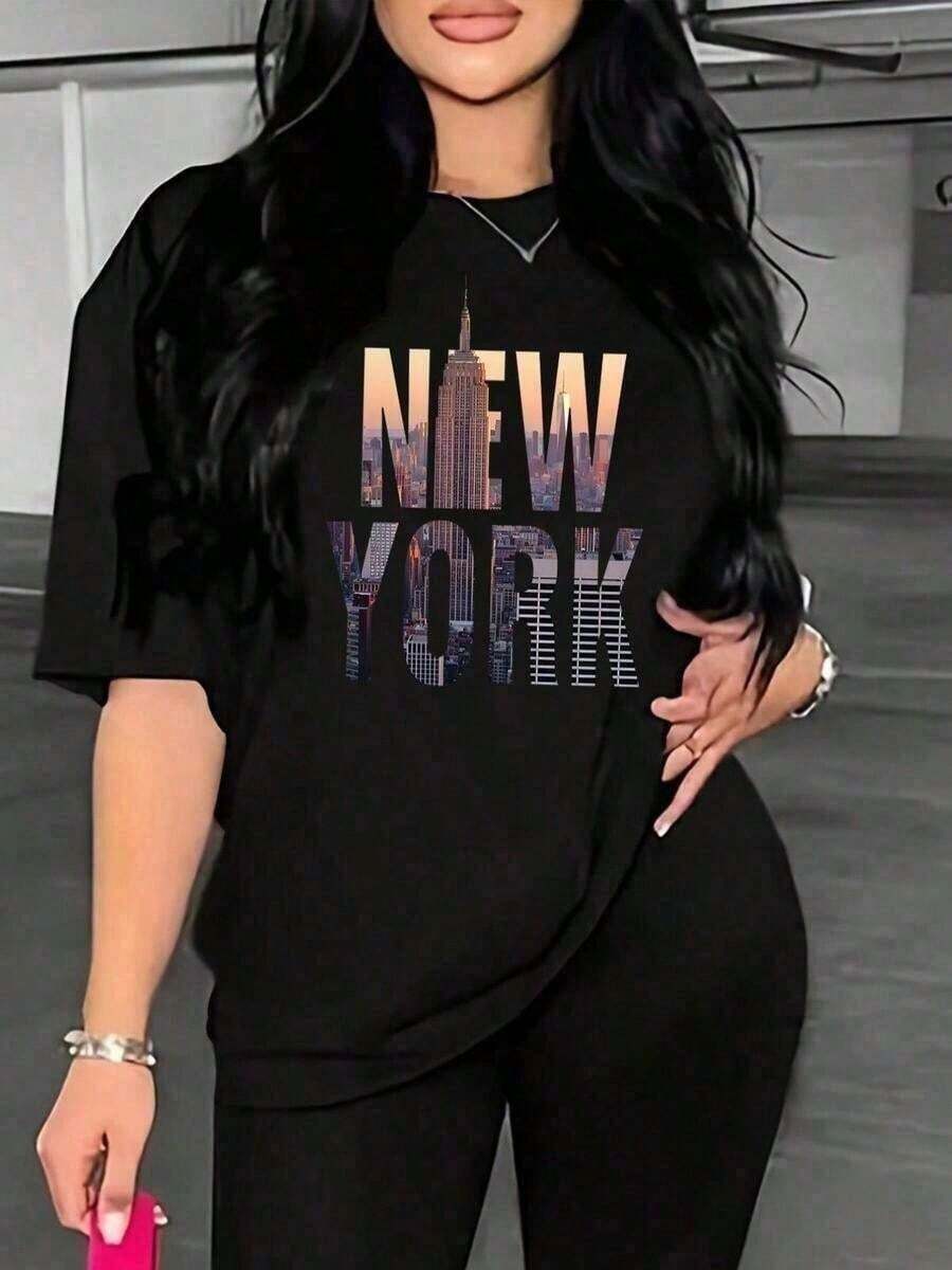Camiseta unisex de manga corta 100% algodón con estampado de paisajes y letras y hombros caídos | Camiseta Casual de Moda con Cuello Redondo y Manga Corta | Ropa Urbana Retro Vintage de Talla Grande Y2K | Ropa de Tallas Grandes para Mujer para Todas las Temporadas - Ropa Diaria Universitaria para Hombres y Mujeres 100% Algodón - Negro - Ver 1