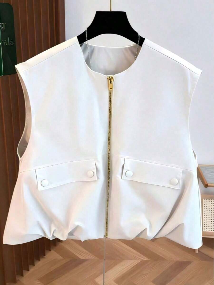 Chaleco corto sin mangas para mujer, con dobladillo de burbuja de unicolor fresco de otoño, cuello redondo con cremallera, de moda y versátil, ajustado negro de verano - Blanco - Ver 1