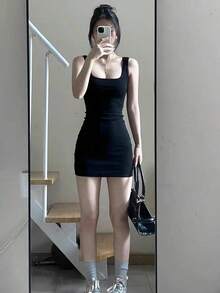 Vestido Entallado Sin Mangas De Cuello Cuadrado Y Color Sólido - Negro - Ver 7