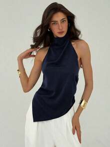 Top elegante de verano de diseño minimalista, sin mangas y con espalda descubierta, de unicolor - Azul marino - Ver 10
