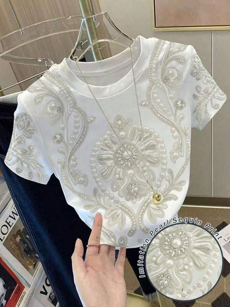 Camiseta corta de mujer de ajuste ceñido con estampado de lentejuelas y perlas de imitación, una prenda imprescindible para el verano, una camiseta de moda y con estilo, adecuada como regalo para hermanas, madres, Día de la Madre, una prenda casual - Blanco 3 - Ver 1