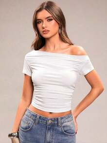 corta de manga corta asimétrica con hombros fruncidos de unicolor, ajustada, para vacaciones, primavera/verano - Blanco - Ver 5