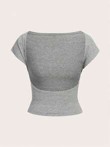 Camiseta casual de mujer de cuello de pico, manga corta y ajustada, versátil - Gris - Ver 2