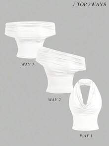 4 piezas Tops de mujer 95% algodón de ajuste ceñido de 3 formas en unicolor - Cuello de capucha, hombros descubiertos y sin tirantes, tops casuales estéticos para verano y primavera para festivales, vacaciones en la playa, fiestas de té, bailes - Blanco - Ver 11