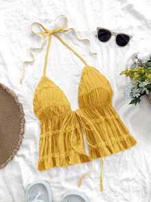 Nuevo top sin espalda con tirantes ajustables y textura, para primavera, verano, Pascua, festivales de música electrónica, estilo occidental para mujer, bohemio, vaquera, modesto, estilo fairy core, vacaciones tropicales, despedida de soltera, - Naranja - Ver 4