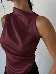 Blusa de satén con cuello plisado, sin mangas, elegante y sencilla, para oficina y negocios, con dobladillo puntiagudo, color marrón - Granada - Ver 3