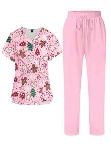 PopScrub Conjunto de 2 piezas con diseño de bolsillo con oreja, estampado de gato y planta de dibujos animados, de cuello en V y manga corta, uniforme de enfermera de primavera/verano, pantalón casual de color azul claro, conjunto de uniforme de enfermera, adecuado para amantes de los gatos - Multicolor 4 - Ver 5