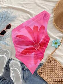 Blusa de mujer con estampado floral sexy, bajo asimétrico y hombros fruncidos, adecuada para vacaciones en la playa - Rosa - Ver 5