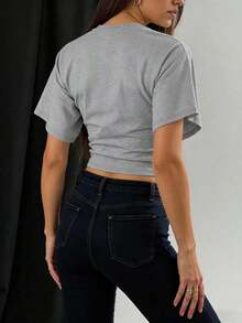 Camiseta blanca casual de mujer de cuello redondo y manga corta, holgada - Gris Claro - Ver 5