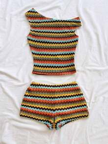 Eduarda Gutierrez  Conjunto de 2 piezas para mujer con top corto de punto a rayas y shorts ajustados de tiro súper bajo, atuendo adecuado para vacaciones, fiestas, Navidad, San Valentín, citas, playa, crucero, carnaval, Pascua, Año Nuevo Chi - Multicolor 2 - Ver 5