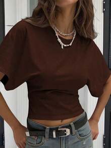 Camiseta blanca casual de mujer de cuello redondo y manga corta, holgada - Café integral - Ver 7