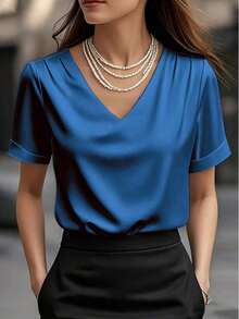 1 pieza Blusa de mujer de unicolor de satén con cuello en V y manga corta, elegante y de moda para uso diario, oficina, hogar, citas, primavera/verano, color negro casual - azul real - Ver 1