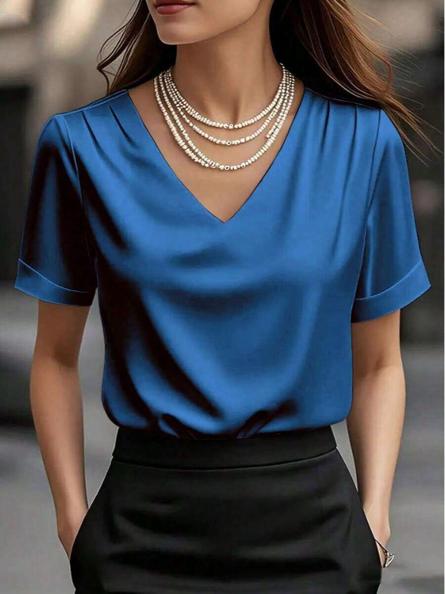 1 pieza Blusa de mujer de unicolor de satén con cuello en V y manga corta, elegante y de moda para uso diario, oficina, hogar, citas, primavera/verano, color negro casual - azul real - Ver 1