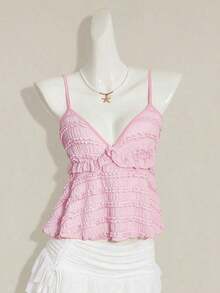 Blusa de tirantes de mujer con volantes de tela texturizada de unicolor para el verano y vacaciones - Rosa Pálido - Ver 3