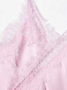 Camiseta de tirantes de mujer con parches de encaje y bajo asimétrico, versátil para citas y fiestas, de verano - Rosa - Ver 6