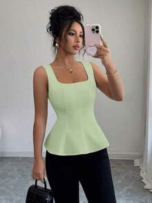 Blusa elegante de cuello cuadrado sin mangas para mujer, adecuada para la oficina, el transporte, el té de la tarde, las fiestas, las vacaciones y ocasiones casuales - verde menta - Ver 7