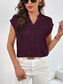 Camisa casual de mujer de manga corta con bolsillo, cuello en V con muesca y unicolor para uso laboral - Rojo violeta - Ver 5