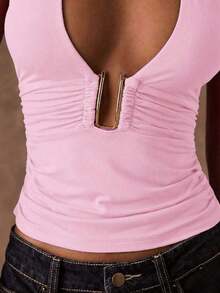 Blusa de mujer con escote halter y espalda descubierta con estampado de leopardo, adecuada para vacaciones de verano y fiestas - Rosa Pálido - Ver 7