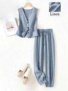 Conjunto de blazer, chaleco y pantalones de lino casual para mujer, color rosa para primavera/verano - Niebla azul - Ver 1
