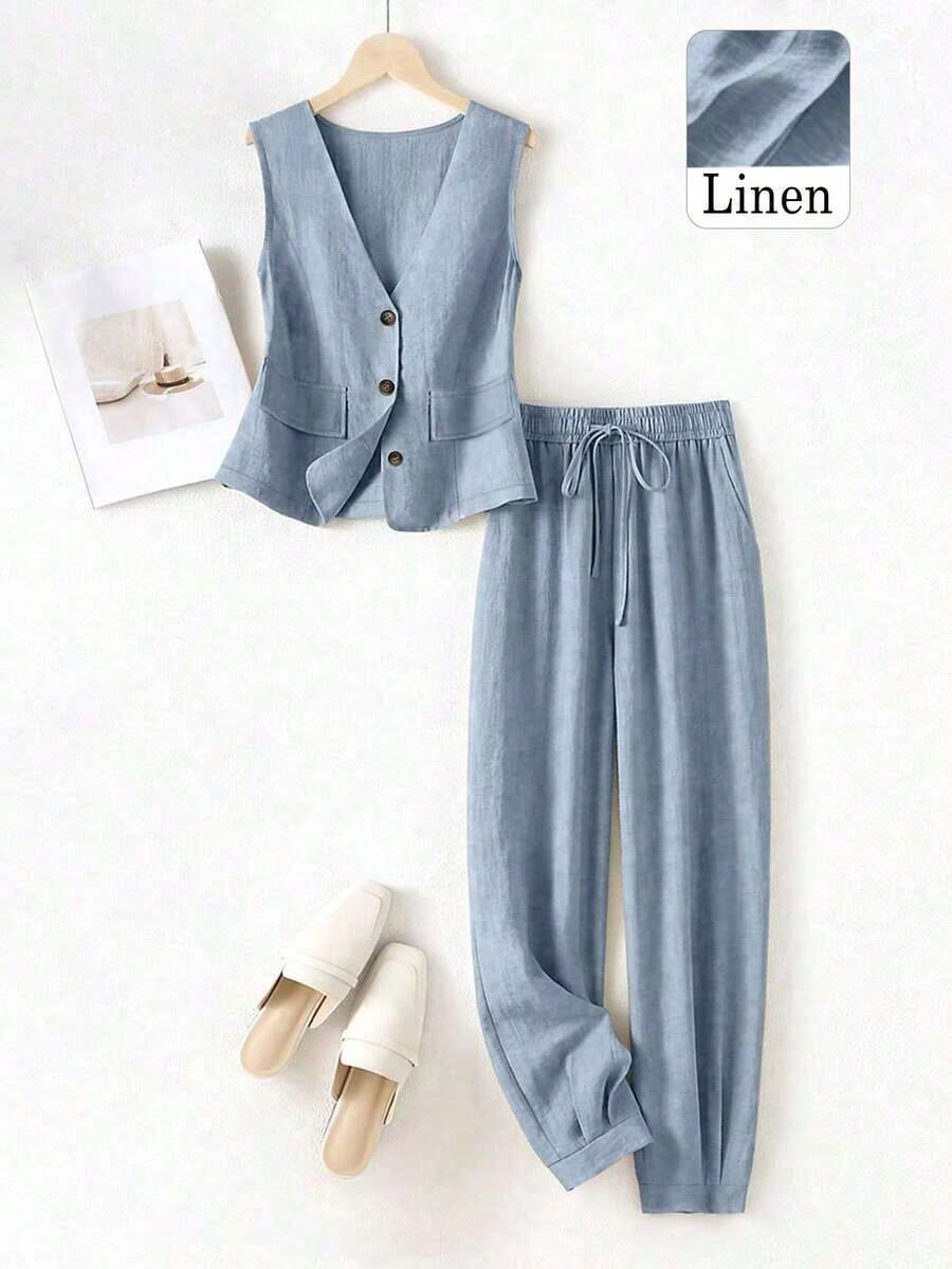 Conjunto de blazer, chaleco y pantalones de lino casual para mujer, color rosa para primavera/verano - Niebla azul - Ver 1