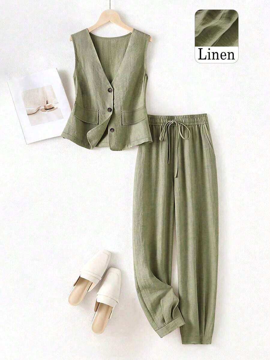 Conjunto de blazer, chaleco y pantalones de lino casual para mujer, color rosa para primavera/verano - Verde militar - Ver 1