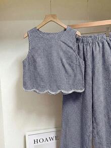 Frenchy Conjunto de 2 piezas de top sin mangas de cuello redondo a cuadros y pantalones para mujer - Azul marino - Ver 7