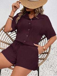 Conjunto de 2 piezas con blusa de manga corta de cuello de botones y shorts con lazo delantero, sencillo, para mujer - Rojo violeta - Ver 3