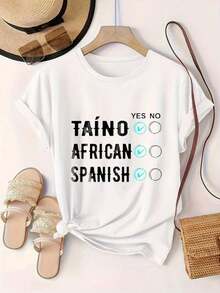 Camiseta Casual Estampada de Moda para Mujer Taino African Spanish Yes No Checkmarks, Adecuada para Todas las Temporadas  
 -Blanco - Blanco - Ver 2