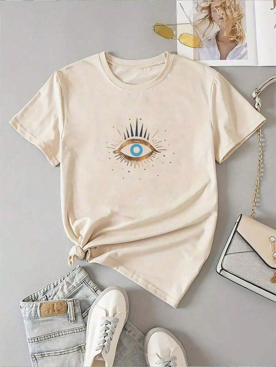Camiseta de manga corta con estampado de ojo para mujer, blusas con gráficos para mujeresPure-Cotton - Albaricoque - Ver 1