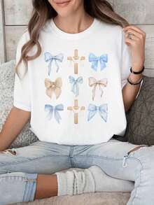 ropa de mujer Camiseta de algodón de manga corta con cuello redondo para mujer, con lazo y estampado de cruz, corte regular, camisas de mujer - Blanco - Ver 1