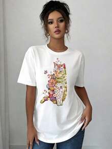 Playera Estampada con Diseño de Flores Silvestres y Gatos, Playeras Básicas de Tallas Grandes para Mujer, Playeras Casuales de Manga Corta, Esenciales Ligeras para el clóset de Verano - Blanco - Ver 3