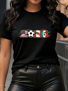 SummerMatch - Fashionable T-Shirt With Double-Sided Letter Print, Crew Neck, Short Sleeve, Casual Style, Women's Clothing, Ideal For Everyday Wear. Women's Short Sleeve T-Shirt, Basic Style For Indoor And Outdoor Use. - 黑色 - 查看 11