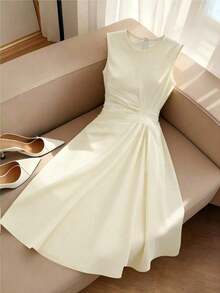 Vestido amarillo plisado sin mangas de verano para mujer, vestido elegante - Albaricoque - Ver 1