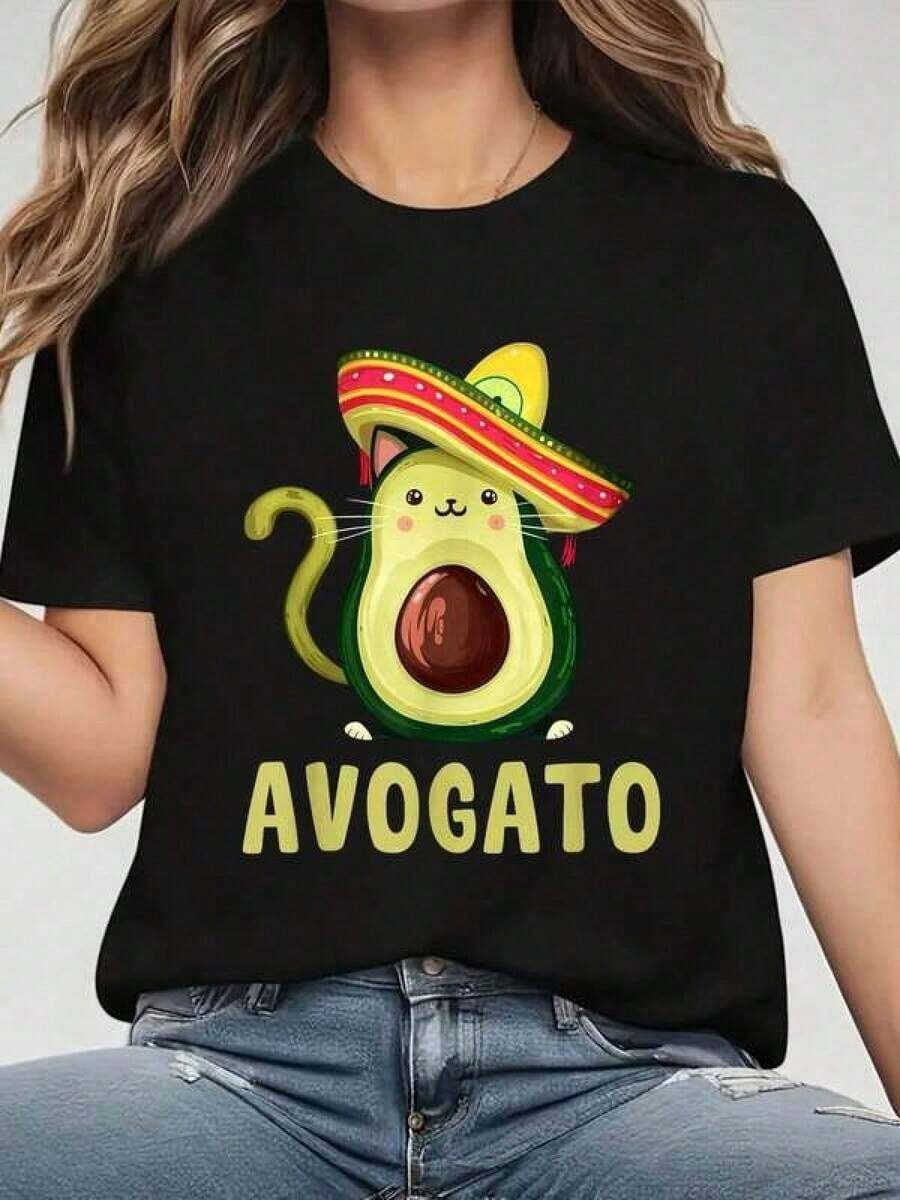 Women's Cotton T-Shirts 1pc Unisex Oversized T-Shirt 100% Thick Cotton Black With Cute Cat And Avocado Print, Round Neck, Short Sleeve 100% Cotton Women's Clothing Daily Home Top - 黑色 - 查看 1