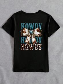 1 Piece Casual Fashion For Men And Women, Short Sleeve Blouse With Round Neck And Turquoise Bow Print Western Style For Women, Gift For Mom, Versatile Short Sleeve Blouse Western Cowgirl Style, Easy To Match, For Daily Wear, Urban Style, Holiday Wear, Weekend Wear. - 黑色 - 查看 2