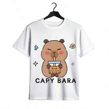 Tops para mujer de algodón para mujer, blanca, con estampado gráfico de capibara yé de burbujas, linda, de manga corta, casual, con cuello redondo. - Blanco - Ver 9