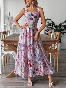 Vestido con estampado floral y cintura ceñida con diseño de lazo en la espalda, elegante para vacaciones, ir al trabajo y uso diario - Morado - Ver 5