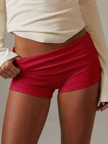 cortos de mujer Vaiaye de unicolor, ajuste delgado, cintura baja, mini shorts, estilo minimalista, adecuados para verano, playa bohemia, fiesta y uso diario - Rojo - Ver 9