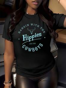 Bull Skull Representing The Free Spirit Of The Desert Alongside Retro Lettering Evoking The Union Between Hippies And Cowboys. Modern And Comfortable Casual Women's T-Shirt - 黑色 - 查看 8