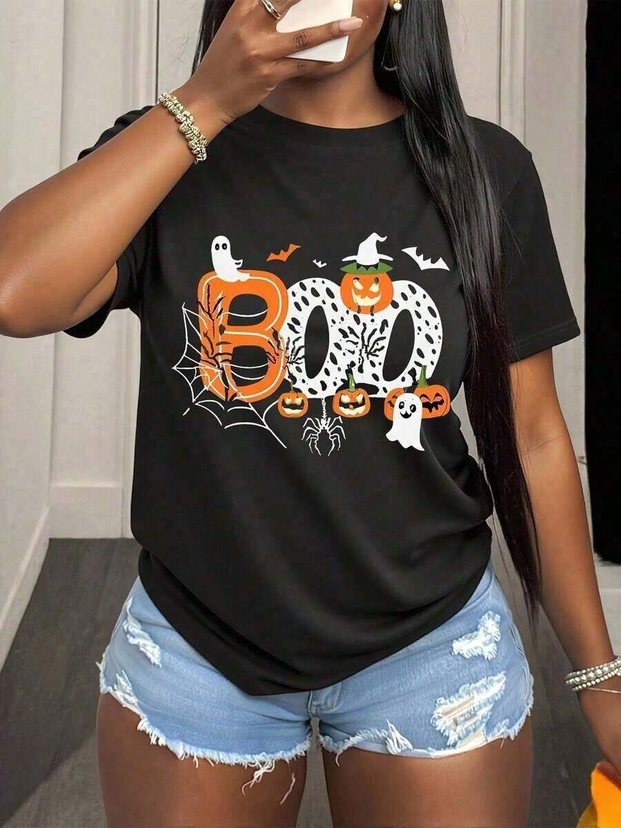 Camiseta con estampado gráfico de Halloween BOO, fantasma de dibujos animados y calabazas, camiseta de talla grande para mujer con diseño de fantasma coqueta, camiseta linda para otoño, camiseta de temporada espeluznante, regalo para Halloween - Unisex. Camiseta holgada, casual y versátil, estilo Y2k. - Negro - Ver 1