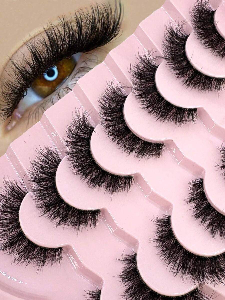 7 Pairs Luxury Soft 3D Faux Mink Lashes Set Daily Party Wear D Curl Wispy Fluffy Lightweight Dramatic Volume Reusable False Eyelashes - Black - View 1