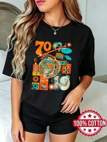 Camiseta negra de manga corta, cuello redondo y estampado para dama, verano, estilo casual Símbolos de paz retro y números S-3XL moda 100% aodón material - Negro - Ver 2