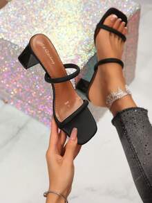 Giày sandal cao gót màu đen dành cho nữ, kiểu dáng tối giản với gót dày, quai đôi, hở mũi, thích hợp cho tiệc tùng, kỳ nghỉ, đi làm vào mùa hè. - màu đen - Xem 2